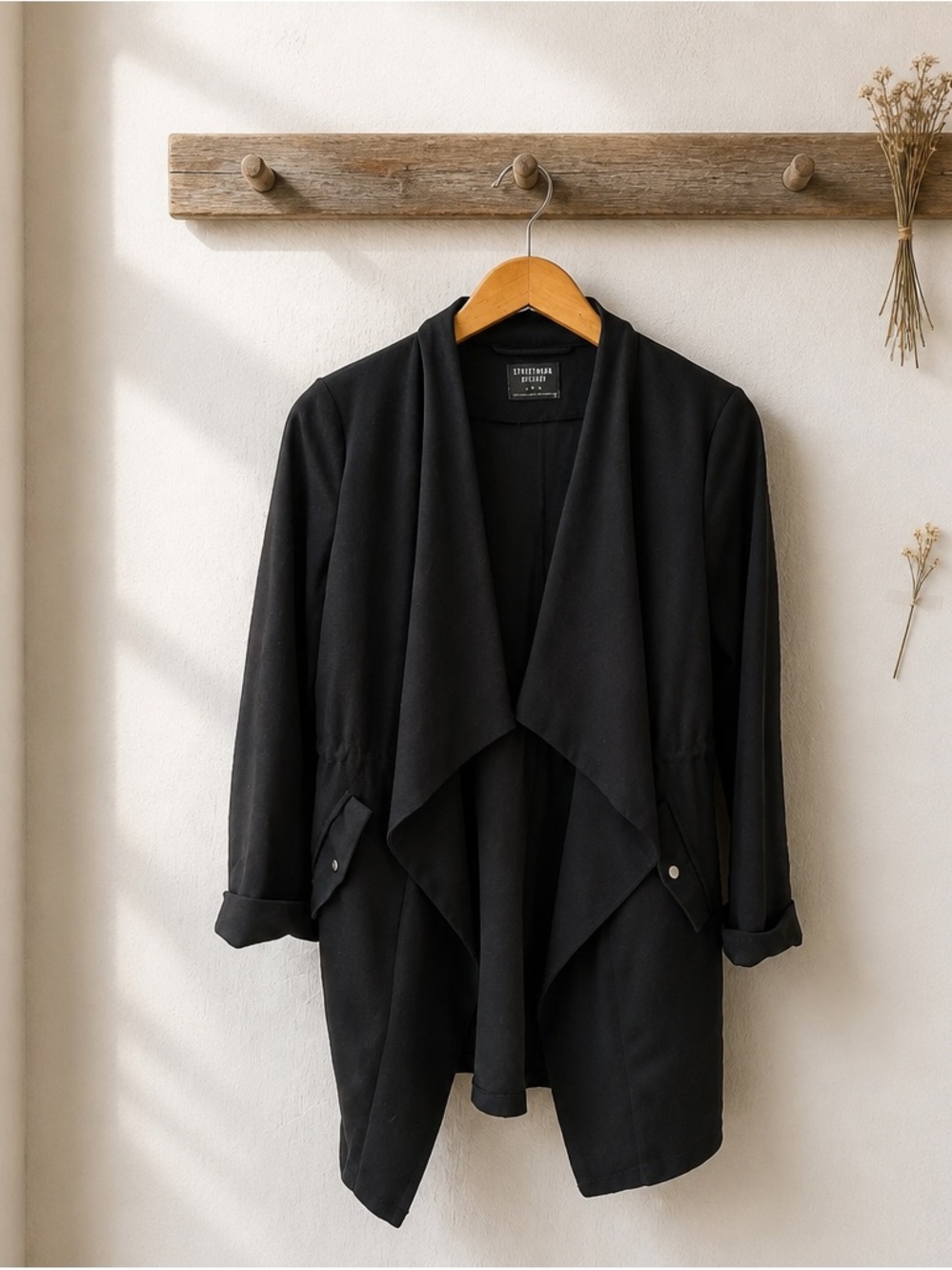 Streetwear Society Black Draped Open-Front Blazer